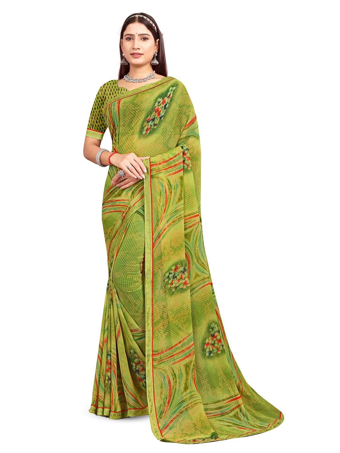 

shree krishna fashion Floral Beads and Stones Art Silk Saree, Green