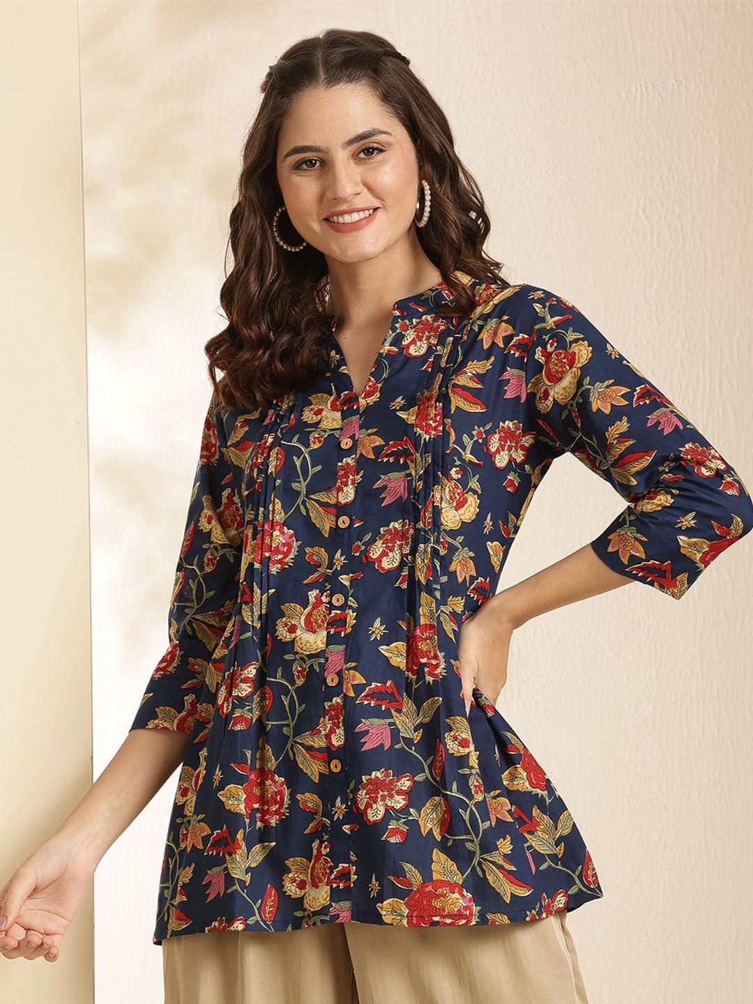 

NISHABD Floral Print Mandarin Collar Cotton Top, Blue