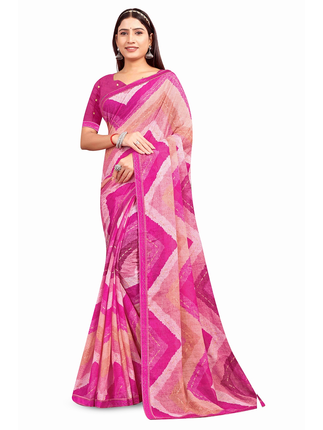 

shree krishna fashion Beads and Stones Art Silk Saree, Pink