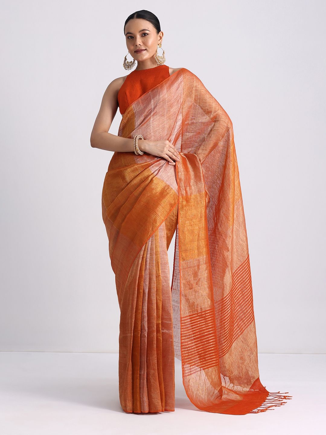 

KALKI Fashion Woven Design Linen Blend Ready To Wear Saree, Orange