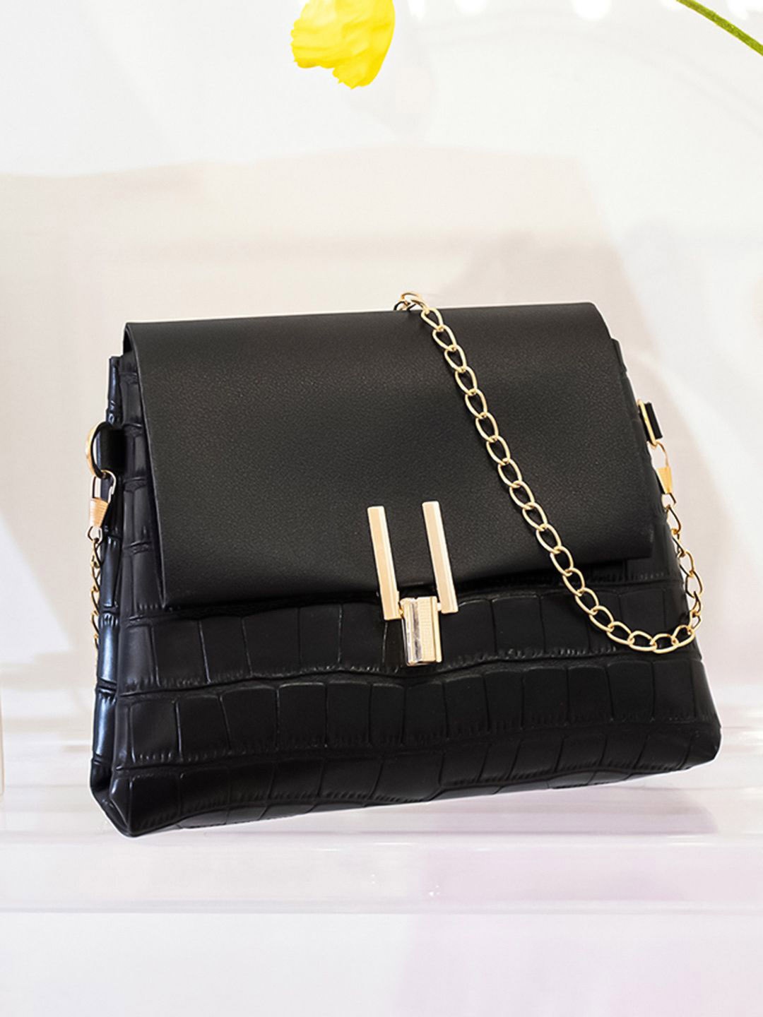 

HAUTE SAUCE by Campus Sutra Textured PU Structured Sling Bag with Bow Detail, Black