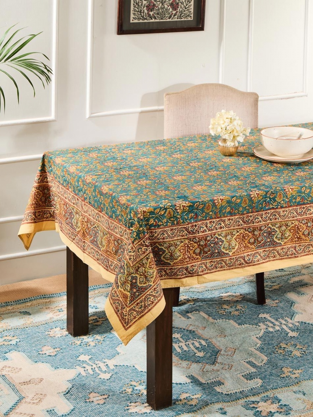 

Fabindia Teal Floral Cotton 6-Seater Table Cover