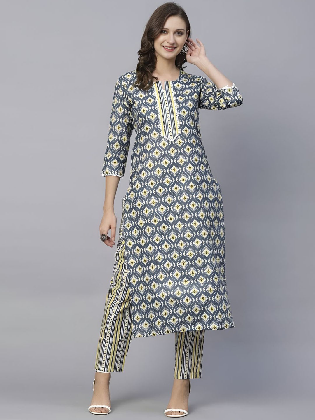 

Shree Infinity Export Women Ethnic Motifs Printed Regular Pure Cotton Kurta with Trousers, Grey
