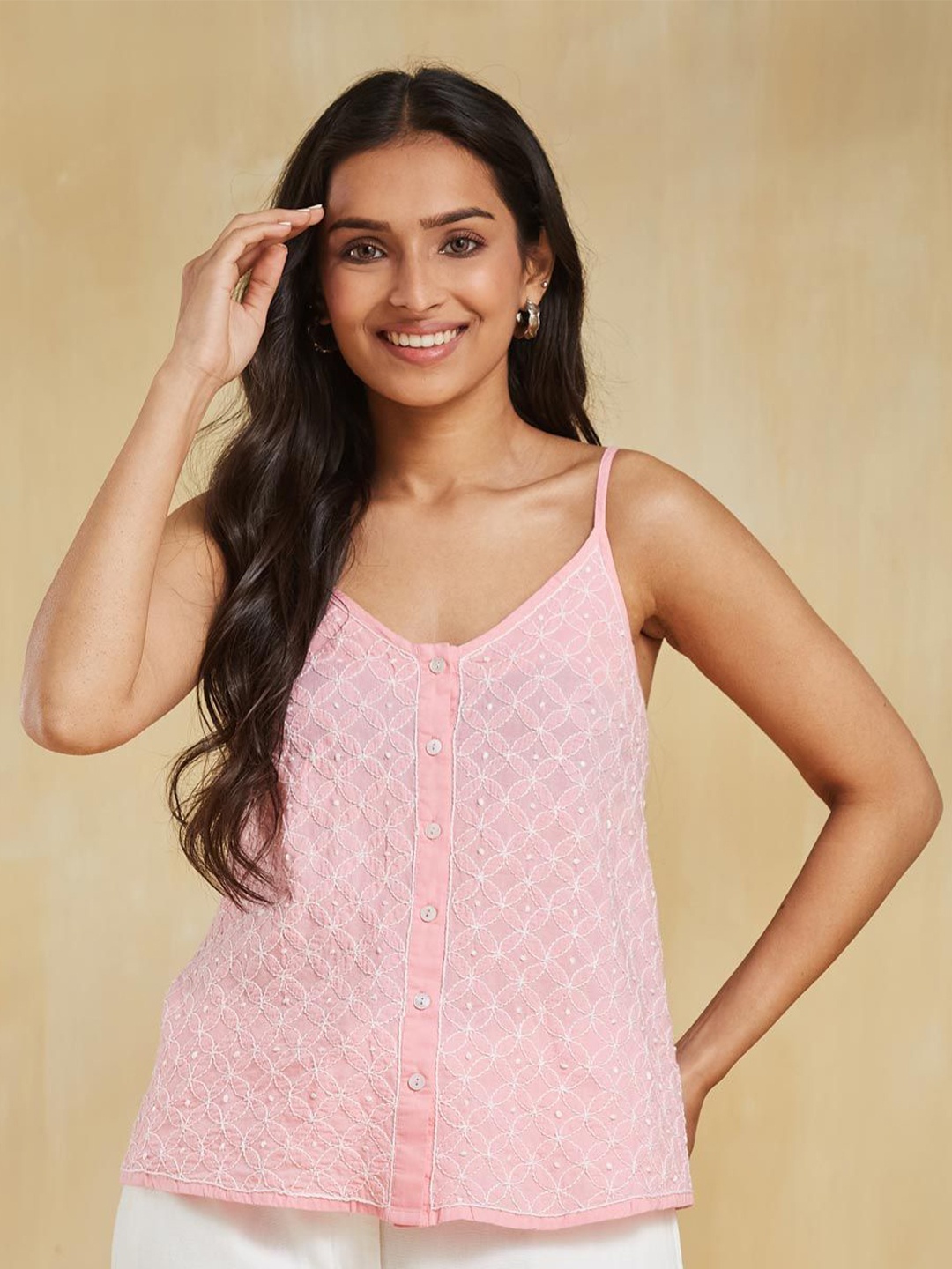 

Fabindia Embroidered Cotton Top, Pink