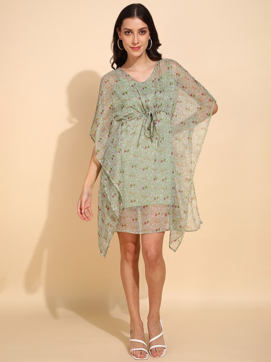 

Fashfun Floral Print Chiffon Kaftan Dress, Green