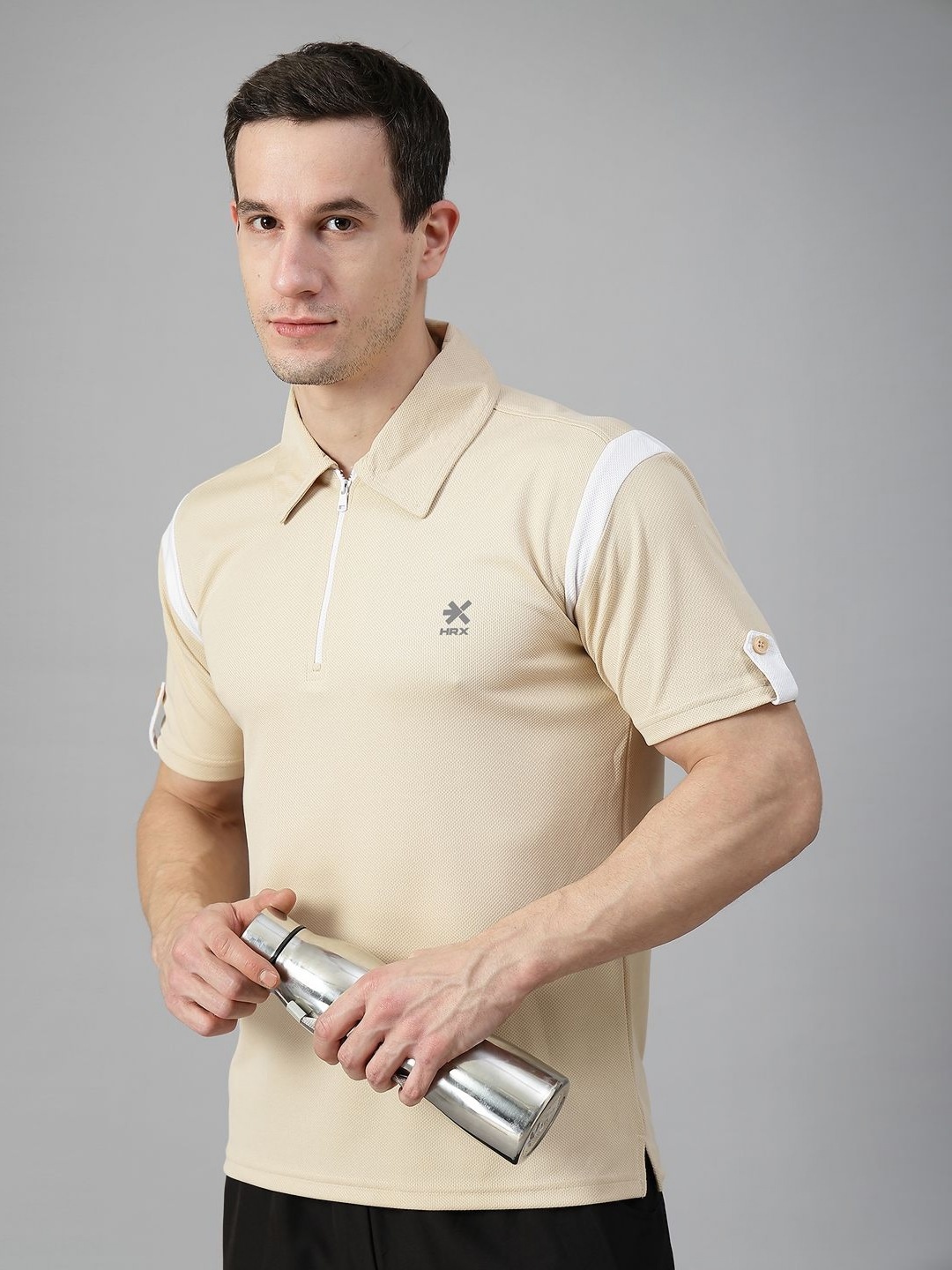 

HRX by Hrithik Roshan Men Polo Neck Regular Fit Gym Sports Zipper Tshirt, Beige