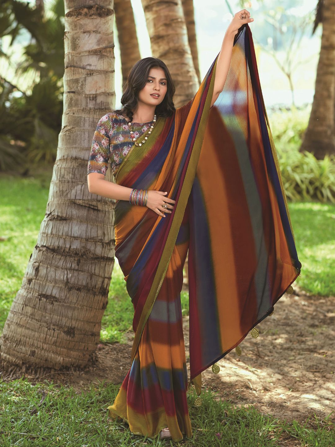 

LeeliPeeri Designer Colourblocked Beads and Stones Poly Chiffon Saree, Brown