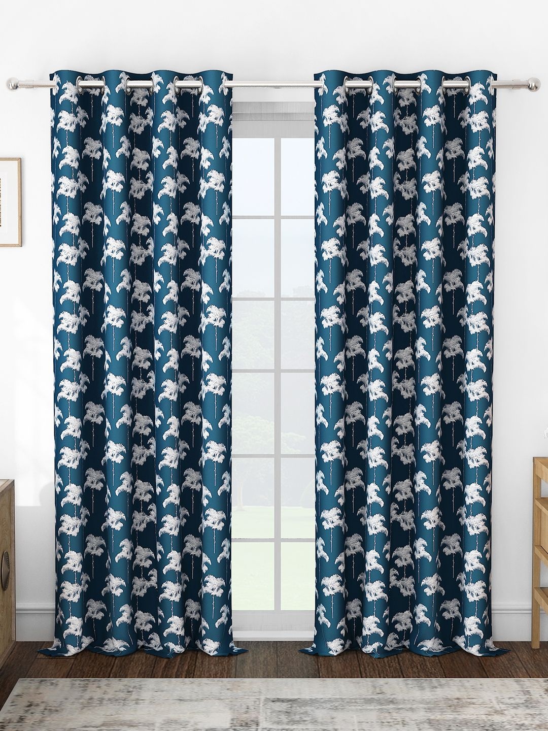 

Story@home Navy Blue & White Set of 2 Floral Room Darkening Long Door Curtain