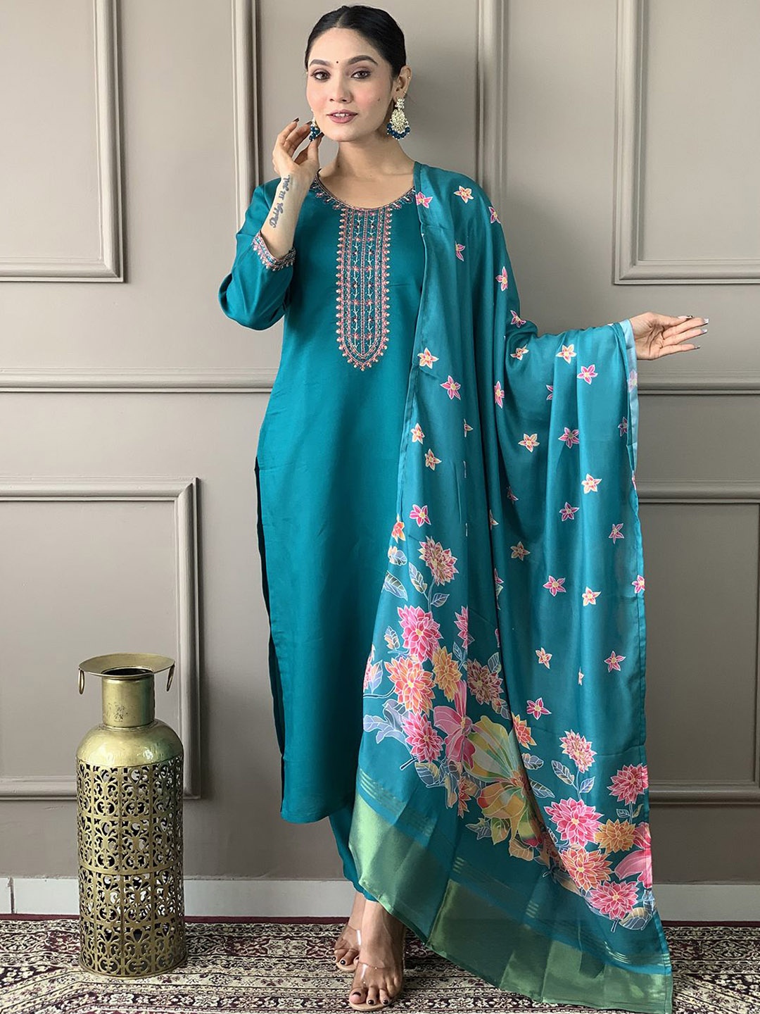 

KALINI Women Embroidered Chanderi Silk With Dupatta, Turquoise blue