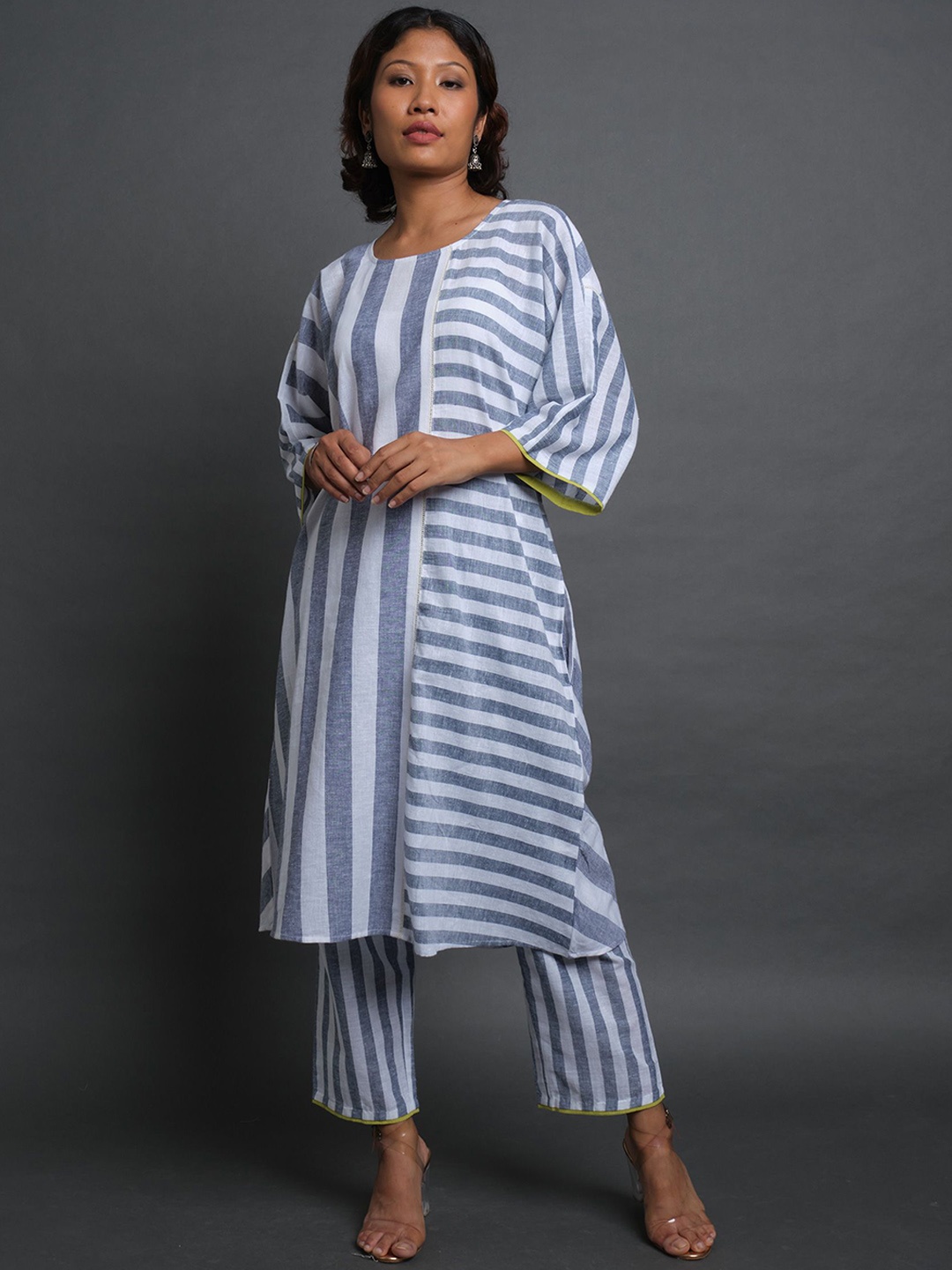 

CYAN Women Striped Flared Sleeves Mirror Work Handloom Kurta, White