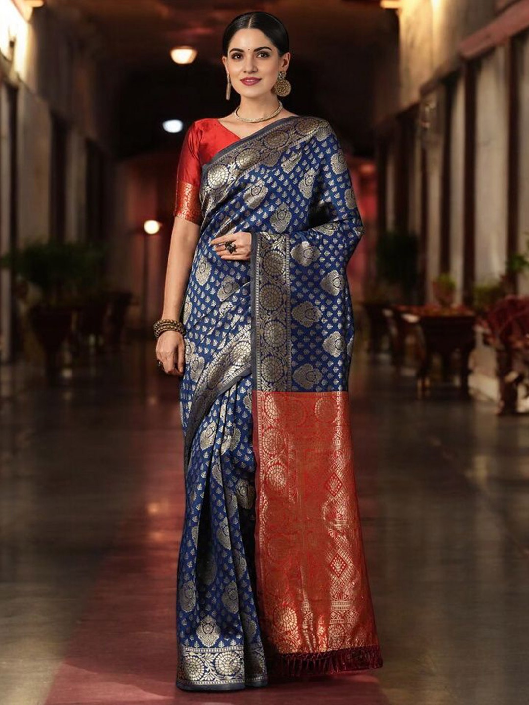 

KALINI Woven Design Zari Silk Blend Banarasi Saree, Navy blue