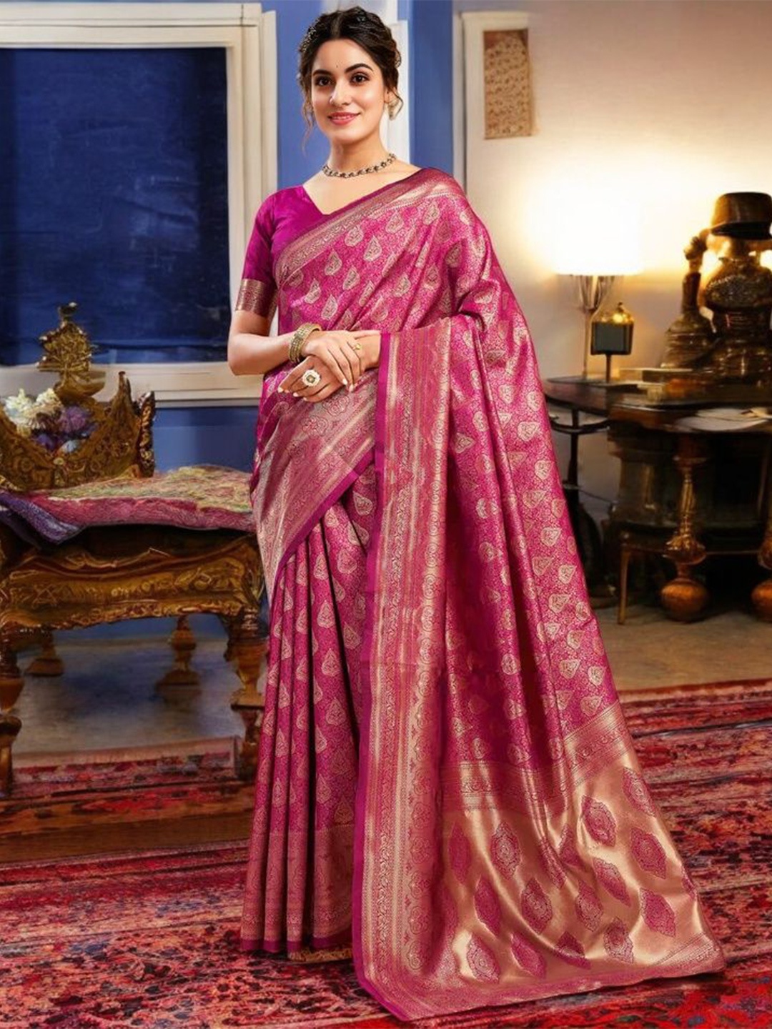 

Blissta Woven Design Zari Silk Blend Banarasi Saree, Magenta
