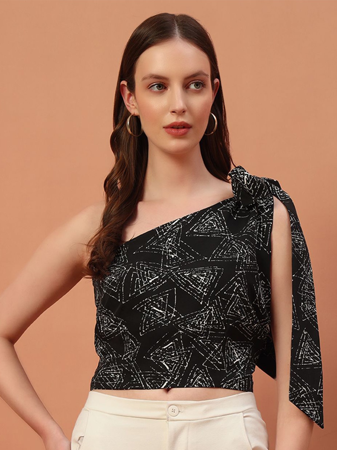 

Rudraaksha Creations Floral Print One Shoulder Crepe Crop Top, Black