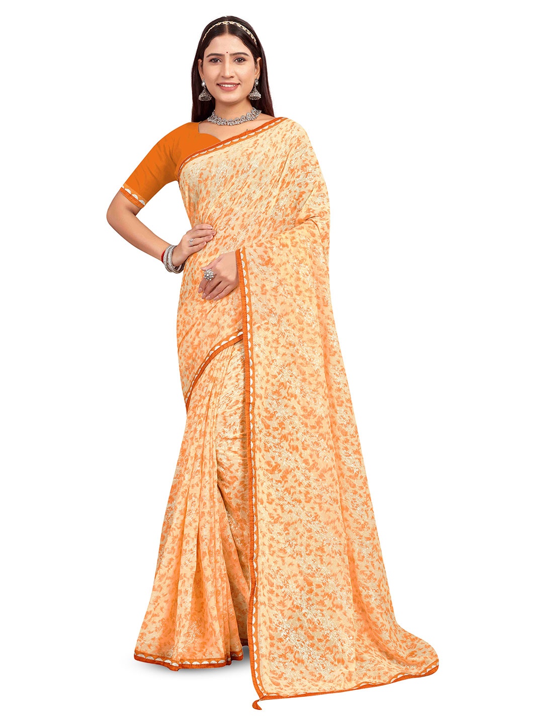 

shree krishna fashion Floral Embroidered Art Silk Saree, Orange