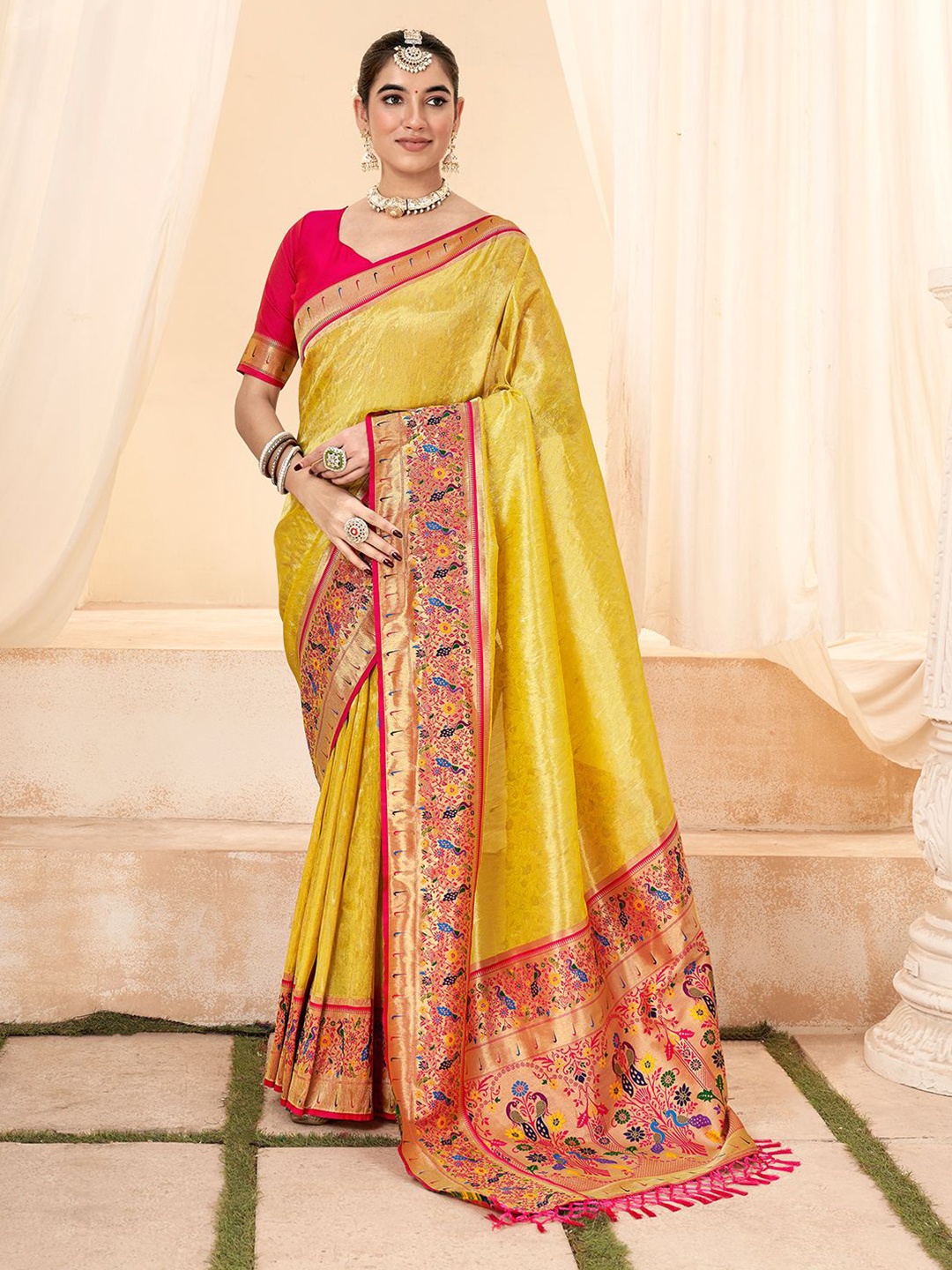 

LeeliPeeri Designer Woven Design Zari Tissue Paithani Saree, Yellow