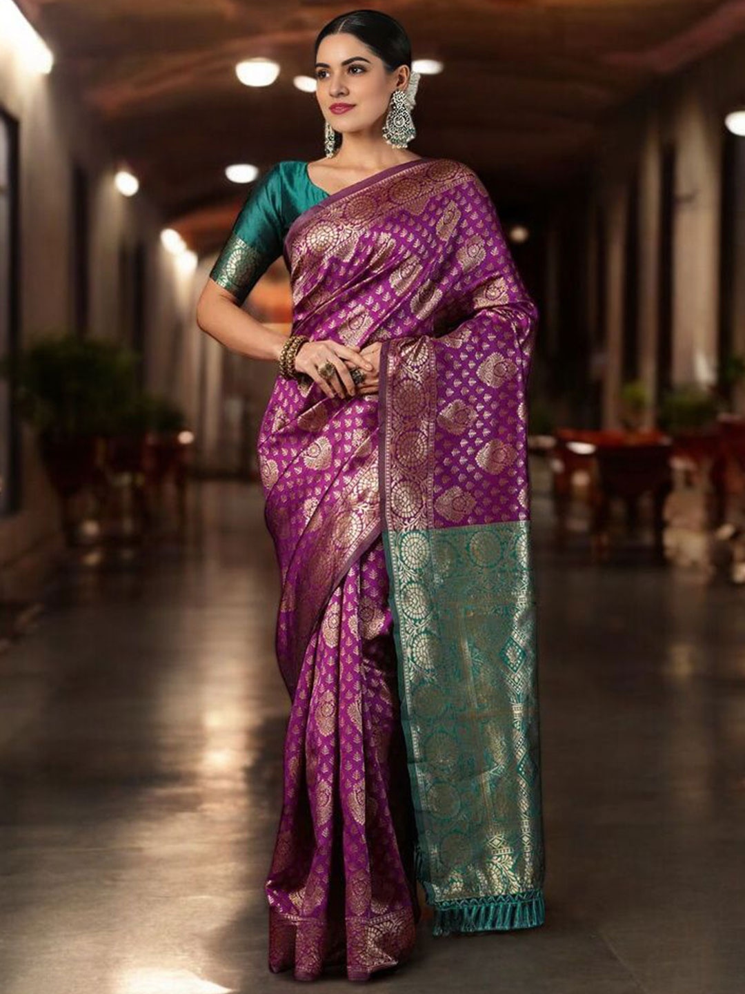 

KALINI Woven Design Zari Silk Blend Banarasi Saree, Purple