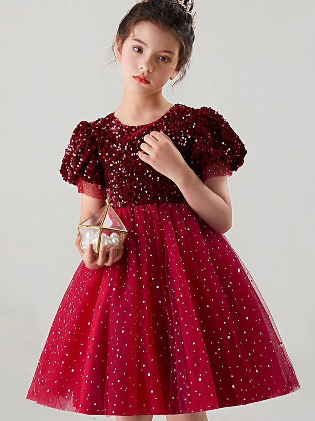 

LULU & SKY Polka Dot Print Puff Sleeve Fit & Flare Dress, Red