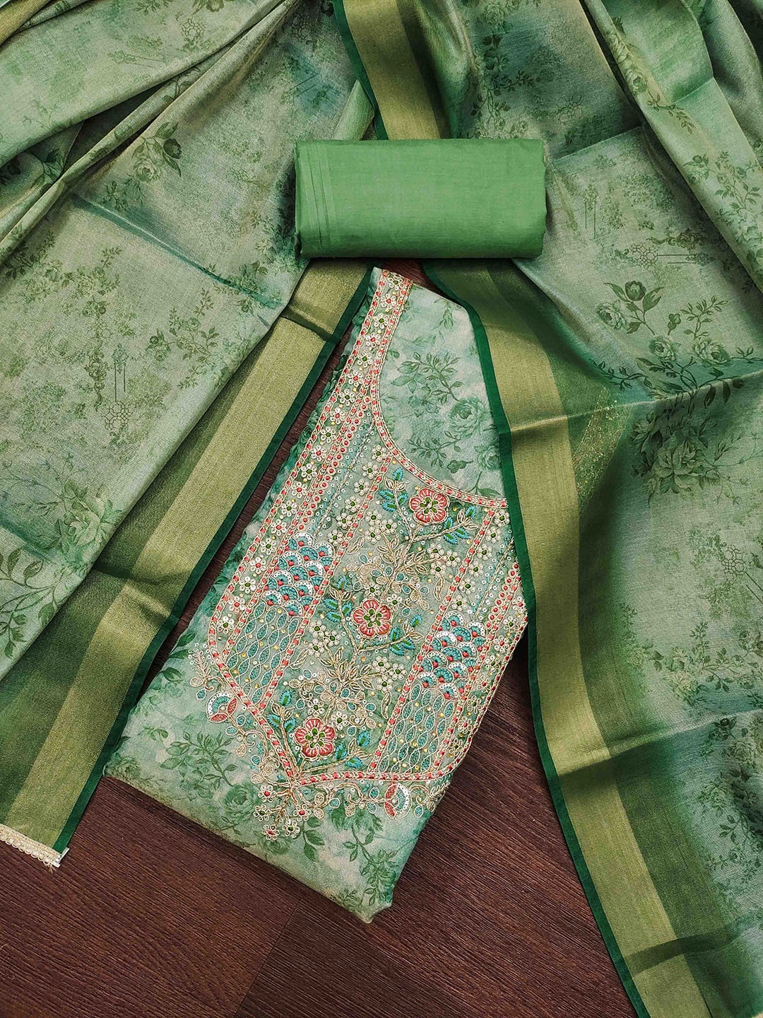 

Blissta Embellished Unstitched Dress Material, Green