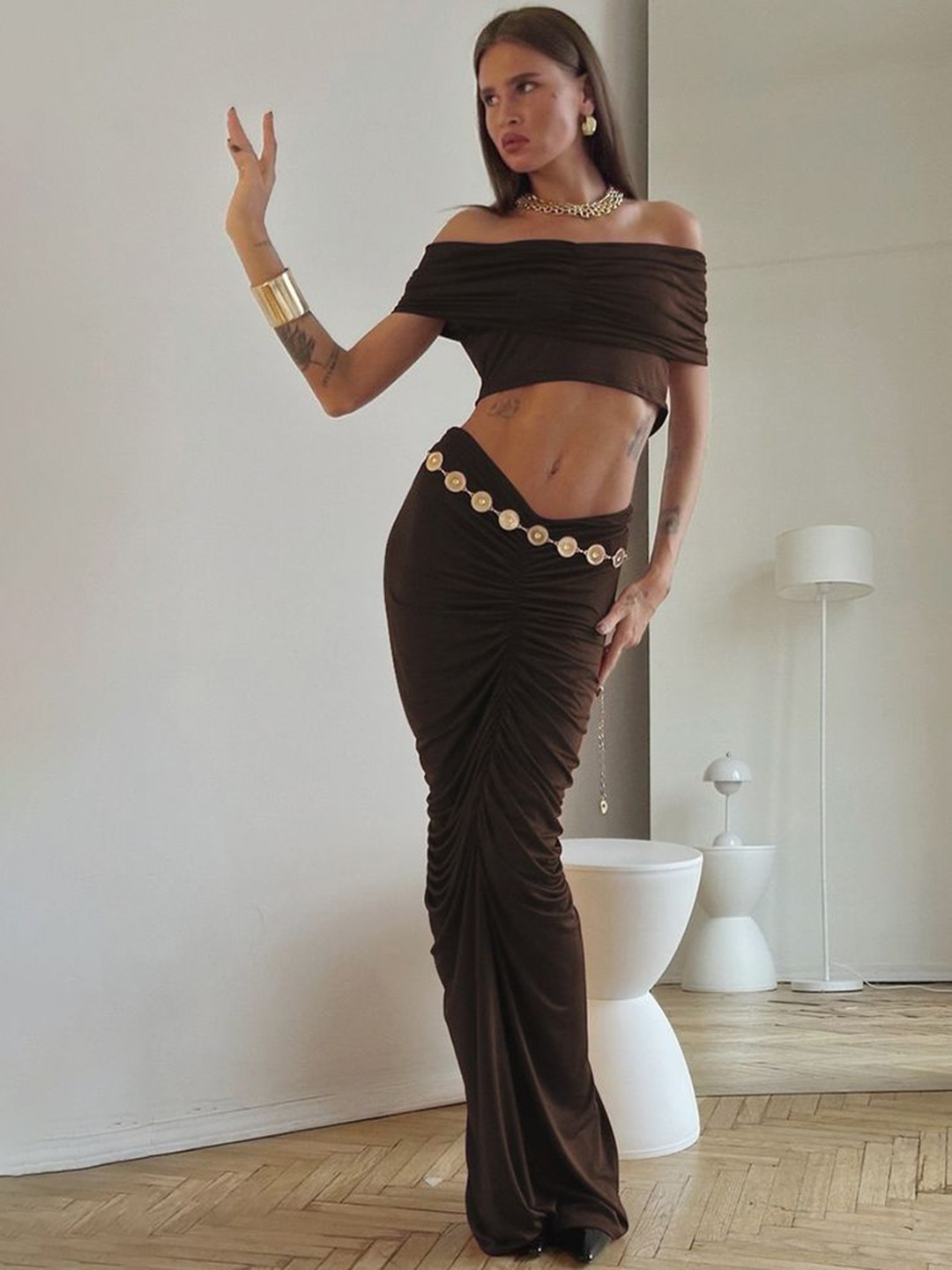 

LULU & SKY Off-Shoulder Crop Top With Skirt Co-Ords Set, Brown