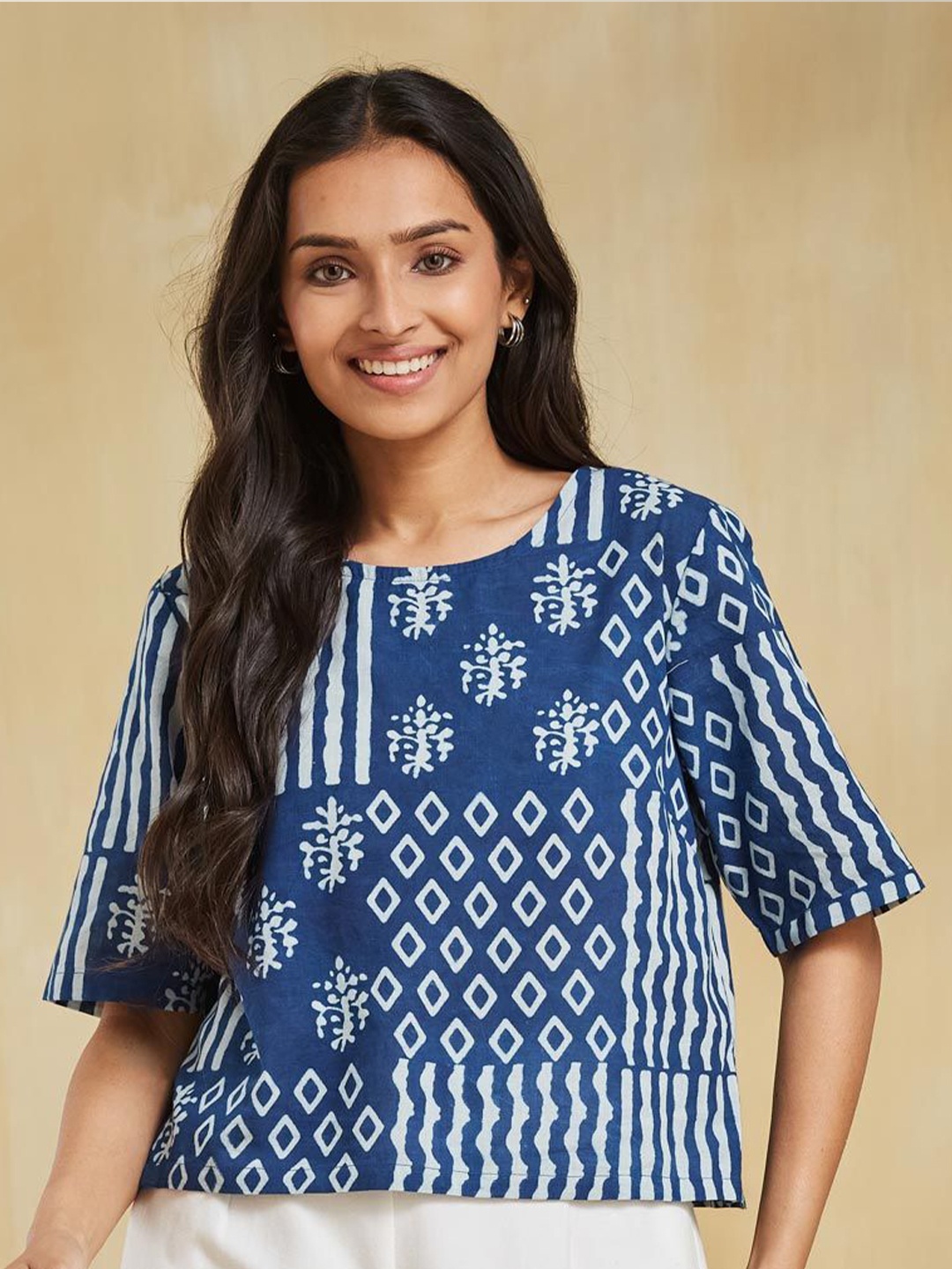 

Fabindia Print Cotton Crop Top, Blue