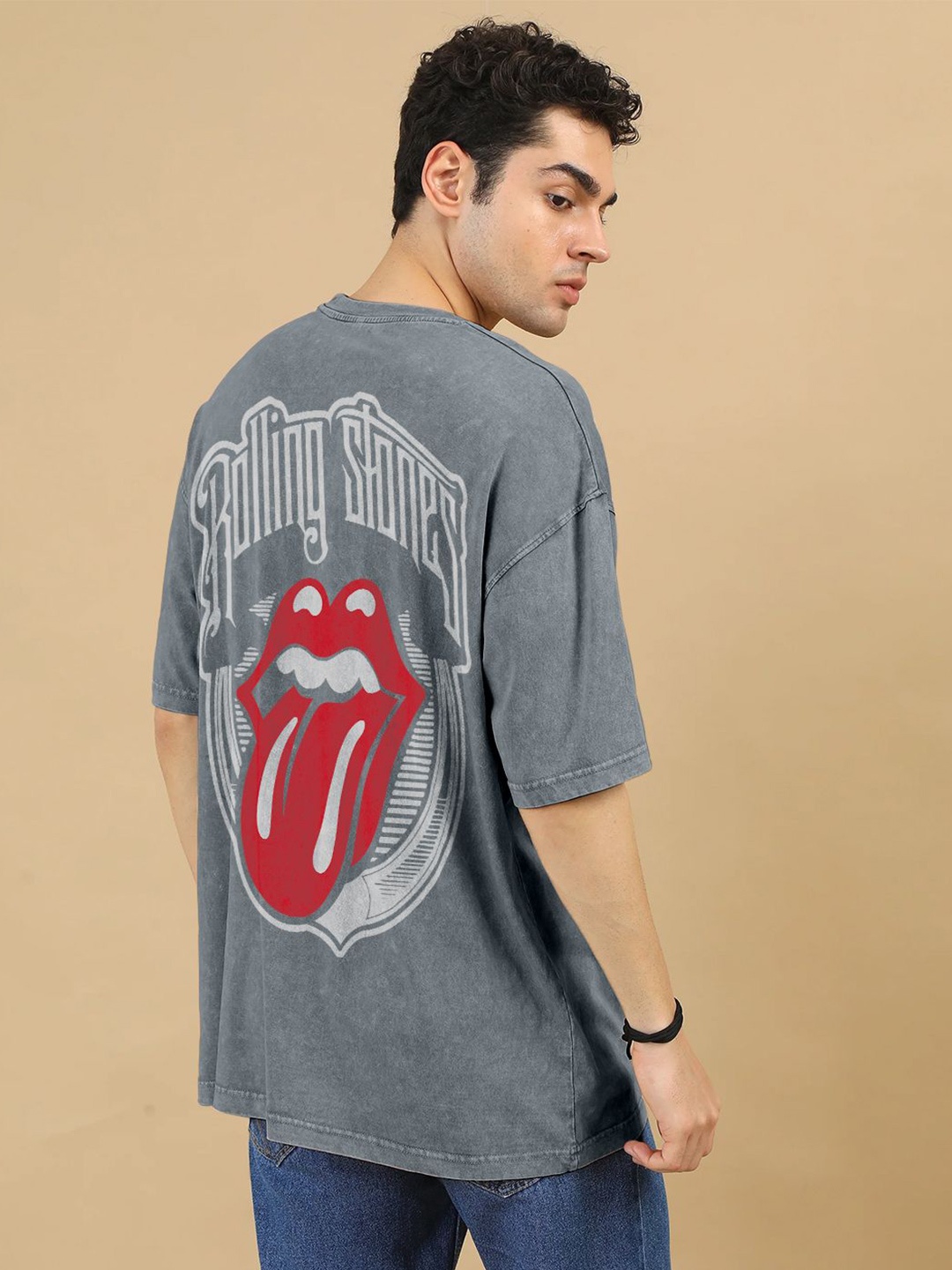 

Crazymonk Men Printed Drop-Shoulder Sleeves Raw Edge T-shirt, Steel