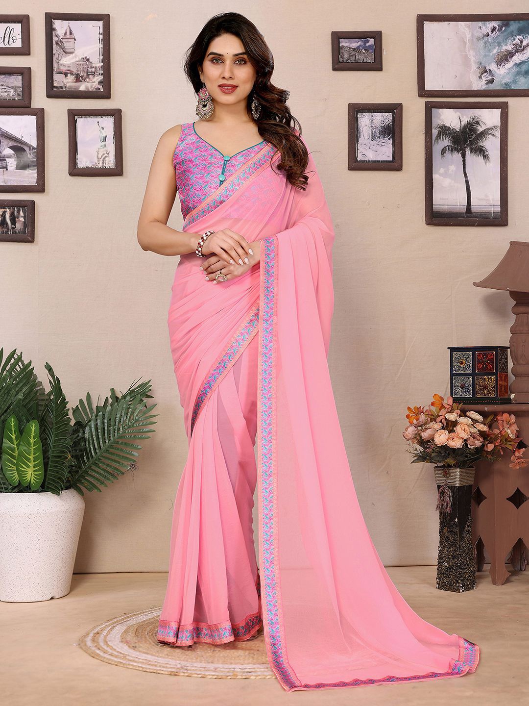 

all about you Pure Georgette Saree, Pink