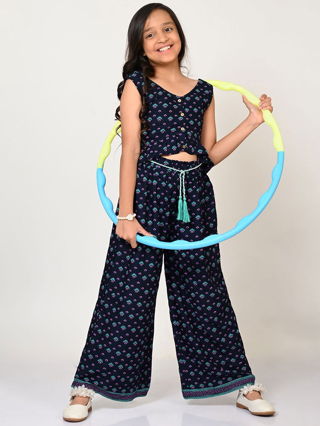 

LIL DRAMA Girls Printed Top with Palazzos, Navy blue