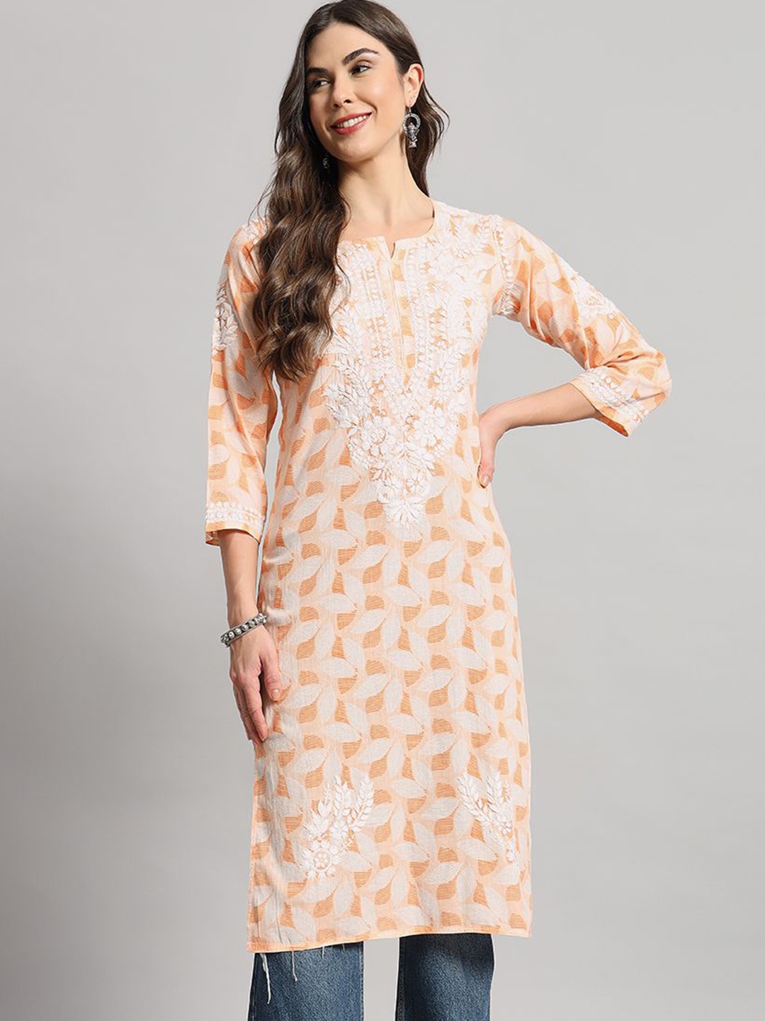 

Fashionable Chikan Handikraft Printed Pure Cotton Straight Kurtas, Orange