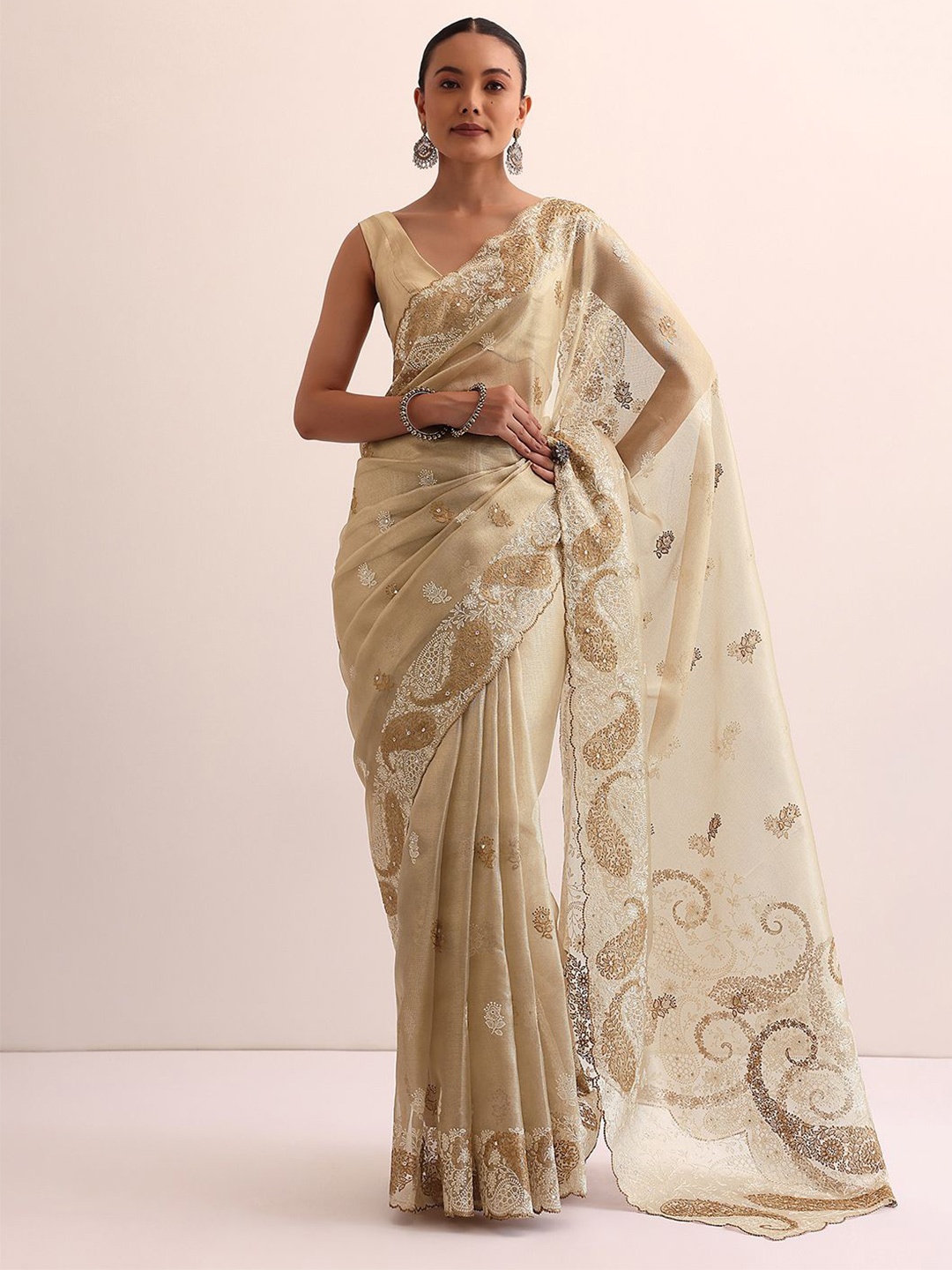 

KALKI Fashion Floral Silk Blend Ready To Wear Saree, Beige