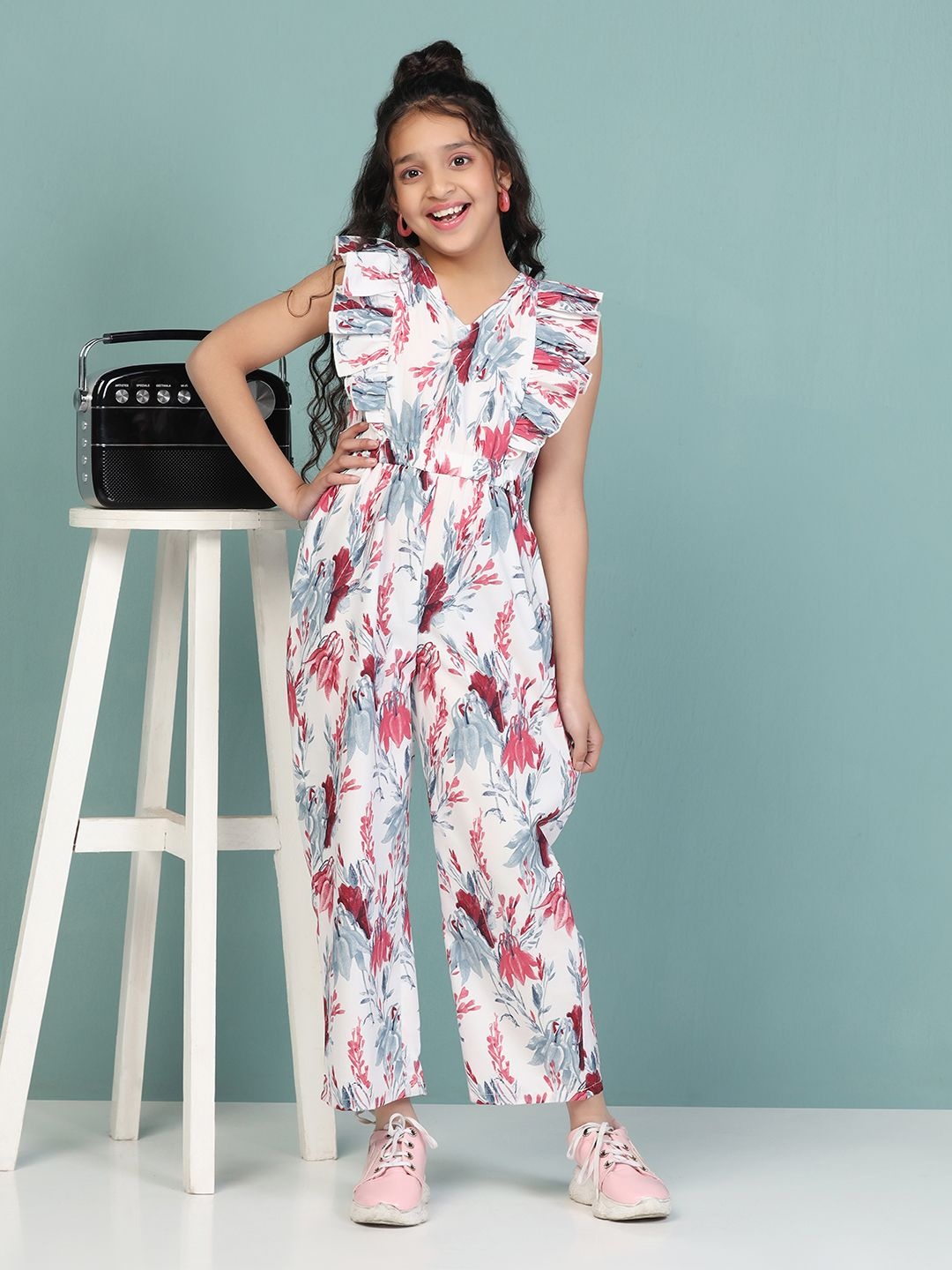 

YK Girls Printed Basic Jumpsuit, White