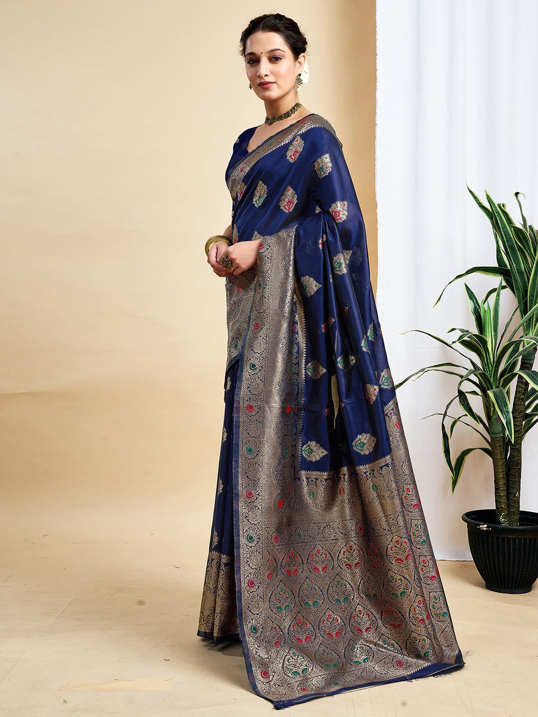 

HERE&NOW Woven Design Zari Pure Silk Banarasi Saree, Navy blue