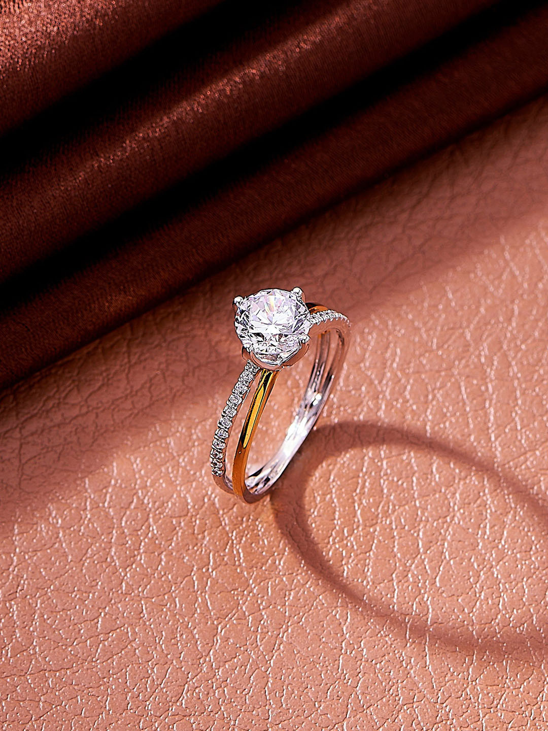 

Nipura 925 Sterling Silver Gold & Rhodium Plated Stone Studded Dual Band Solitaire Ring