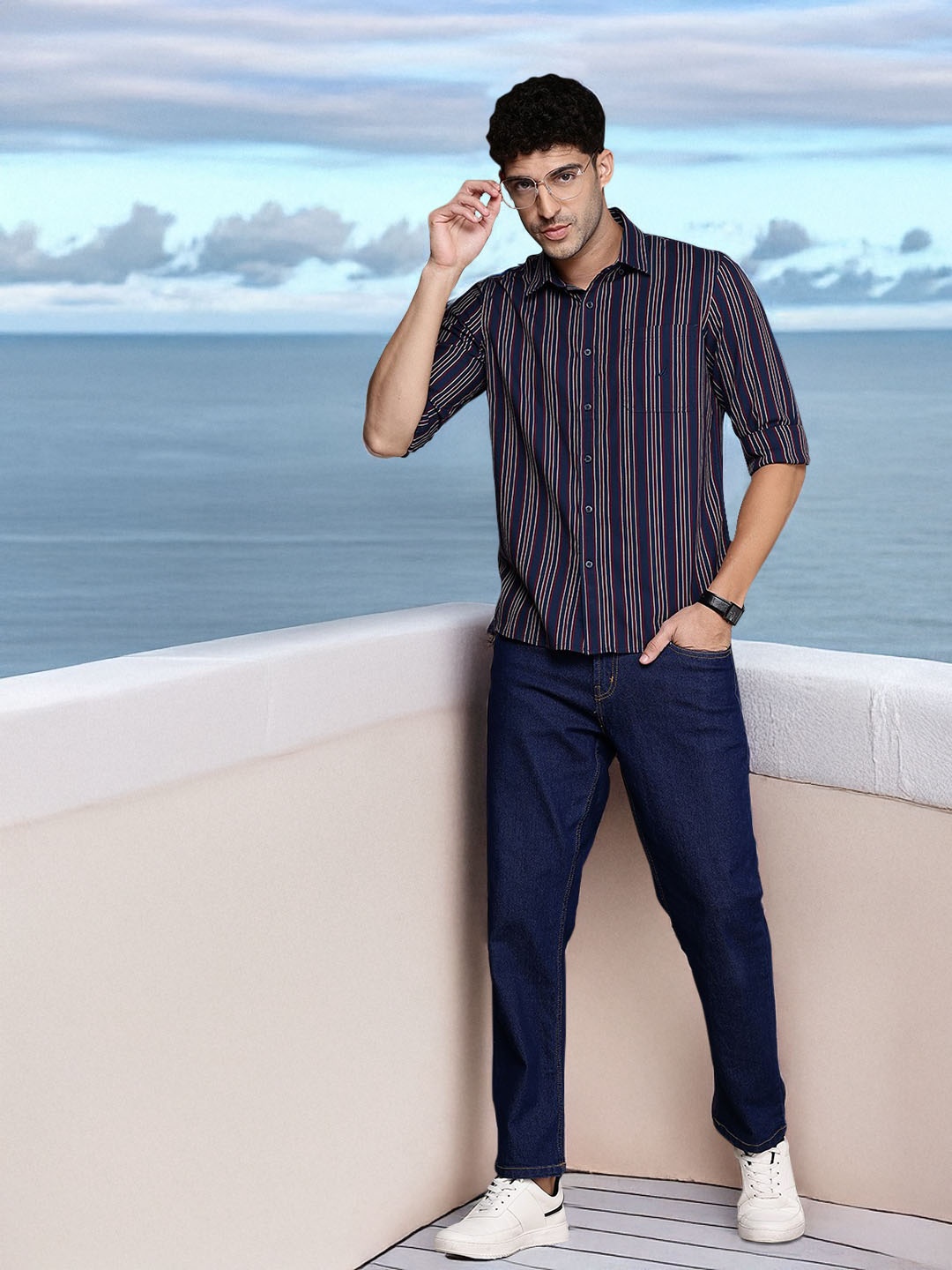 

Nautica Slim Fit Opaque Striped Pure Cotton Casual Shirt, Navy blue