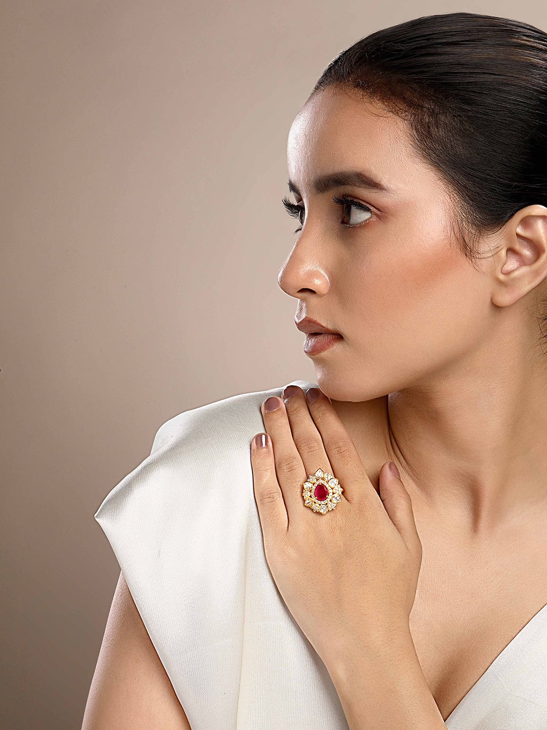 

Sica Jewellery Sterling Silver Gold Plated Kundan Stone Studded Shifa Polki Finger Ring