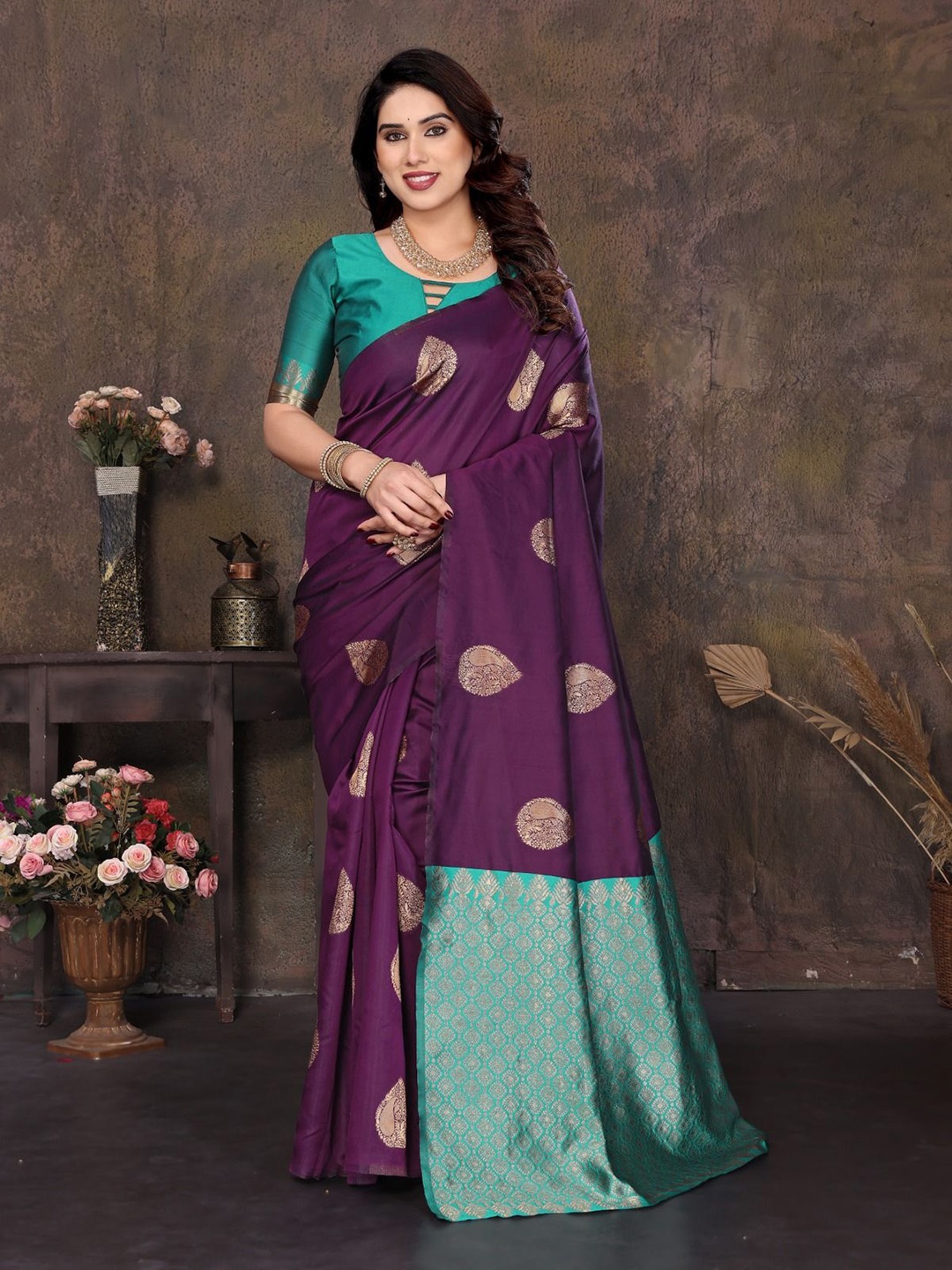 

BLEESBURY Woven Design Zari Pure Silk Banarasi Saree, Purple