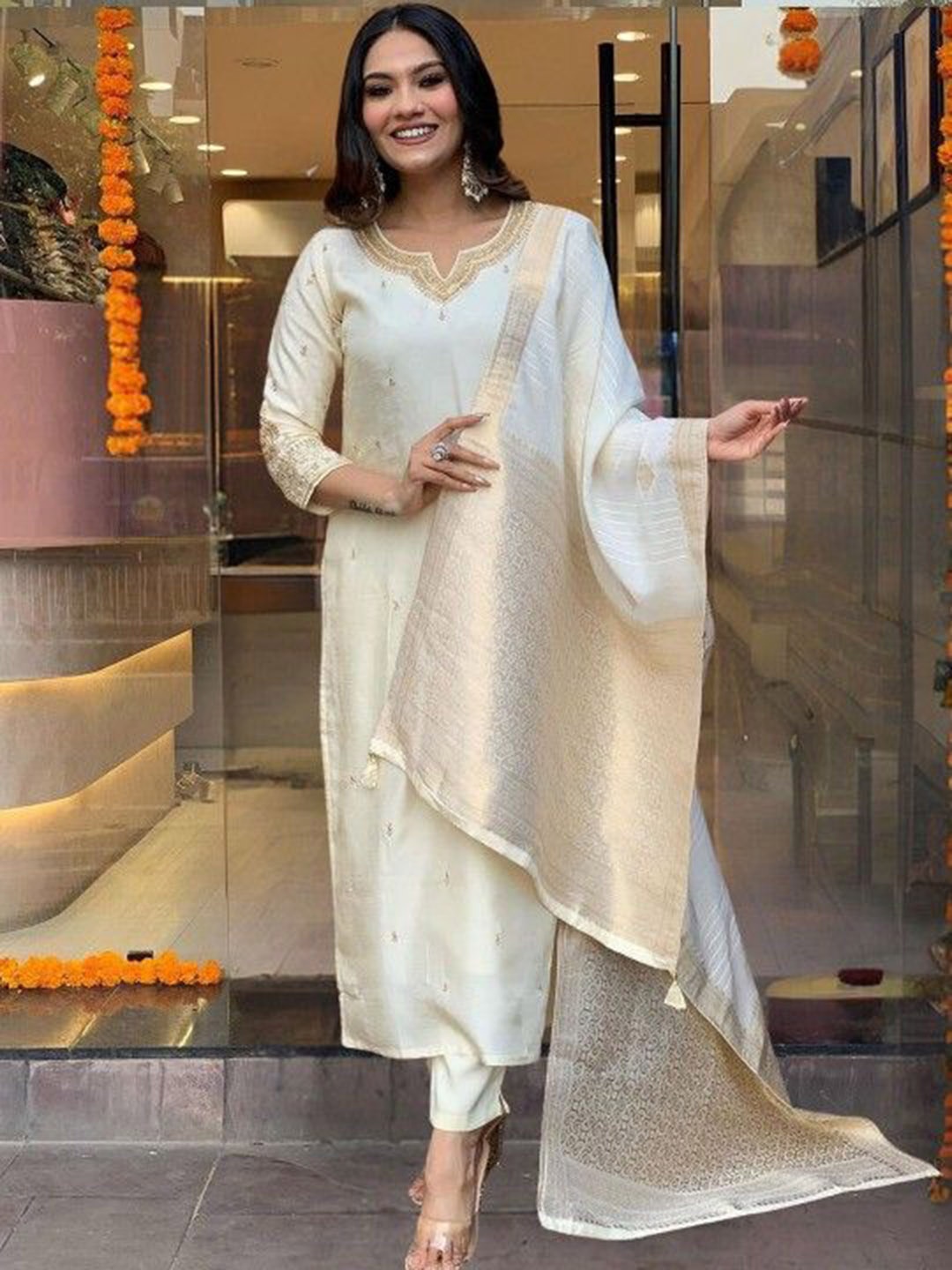 

Fab Dadu Women Ethnic Motifs Embroidered Regular Chanderi Silk Kurta with Trousers & With Dupatta, White