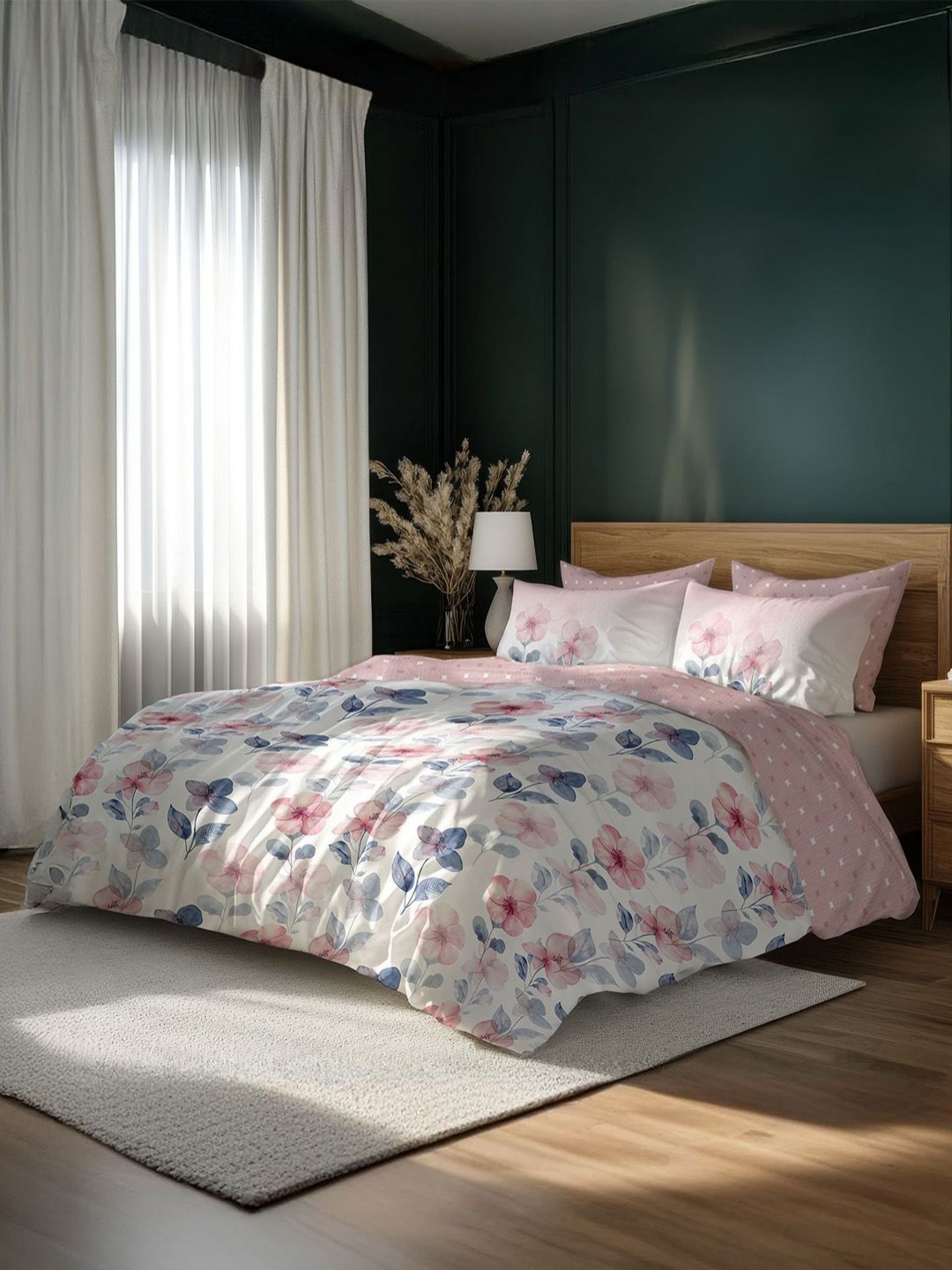 

LANE LINEN Pink & White Floral 400 TC King Bedsheet with 4 Pillow Covers