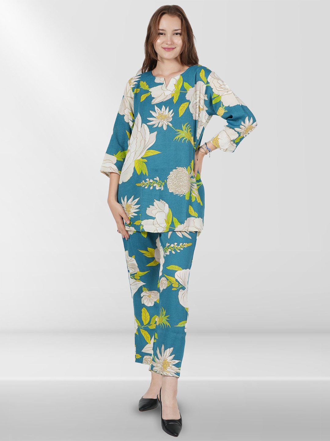 

Belfry Floral Printed Pure Cotton Tunic With Palazzos Co-Ords, Blue