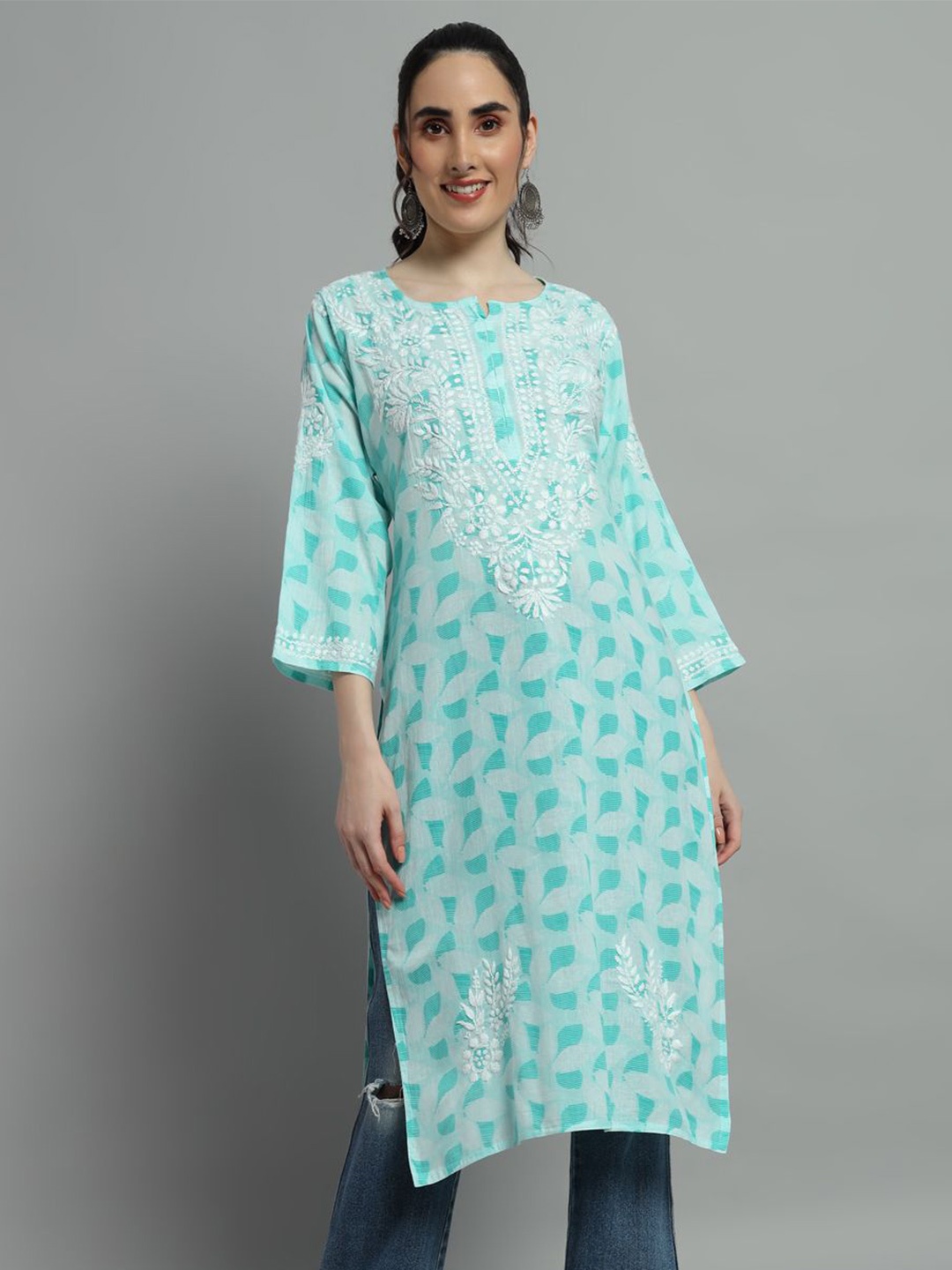 

Fashionable Chikankari Embroidered & Printed Straight Kurta, Teal