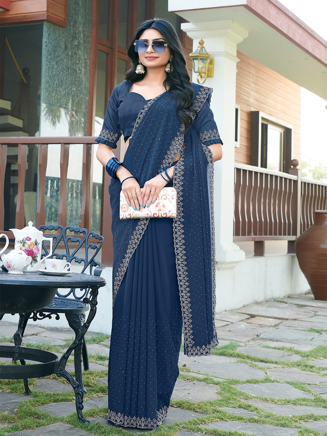 

VEERAIVA Ethnic Motifs Beads and Stones Poly Georgette Chanderi Saree, Navy blue
