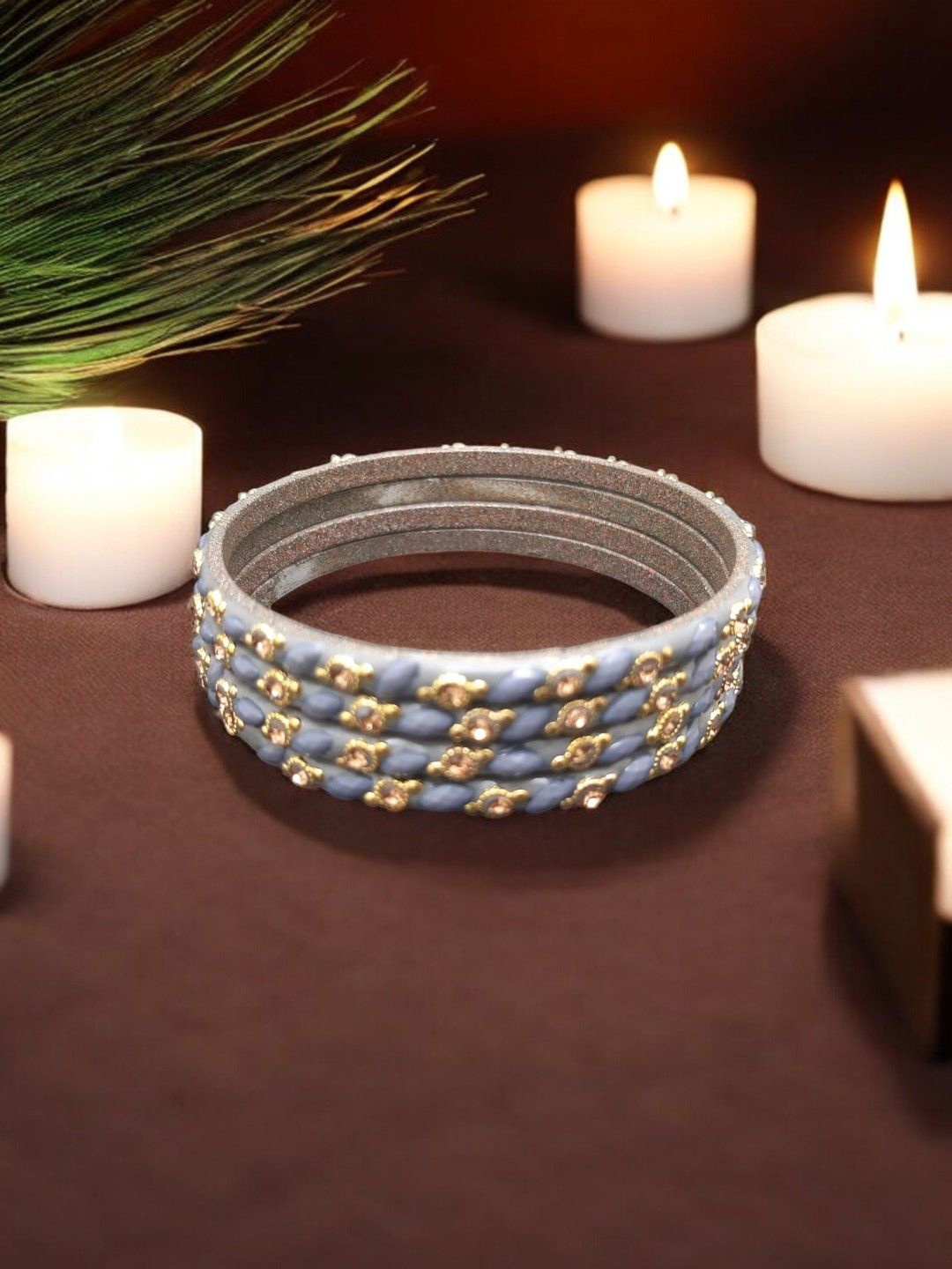 

FEMMIBELLA Set Of 4 Stone Studded Glass Bangles, Grey