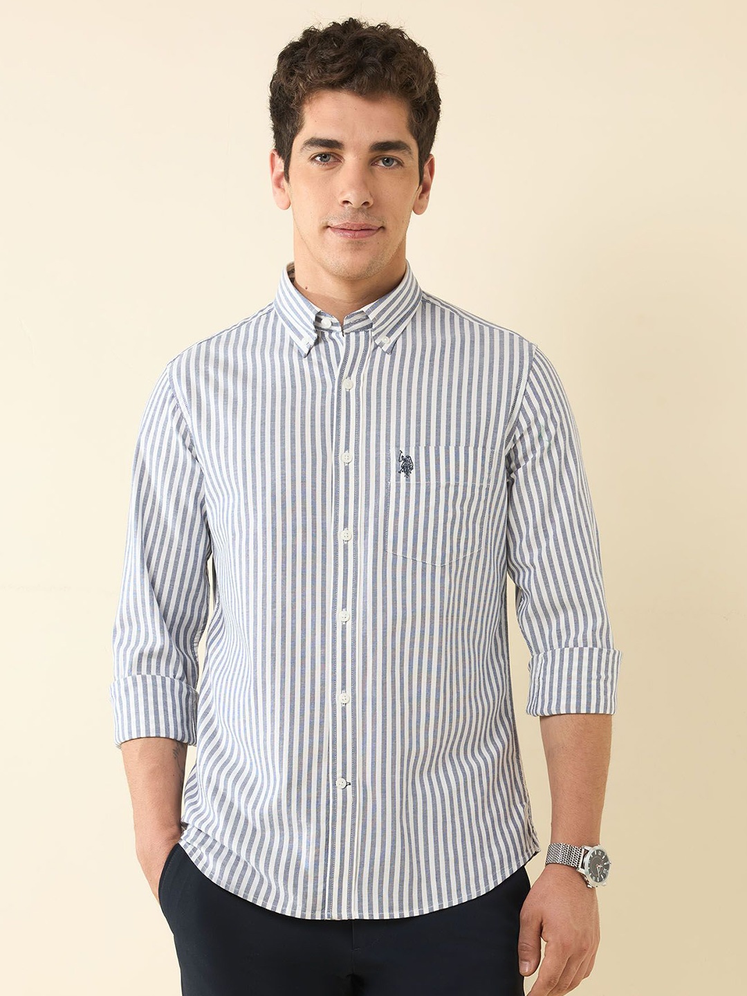 

U.S. Polo Assn. Men Tailored Fit Opaque Striped Casual Shirt, Blue