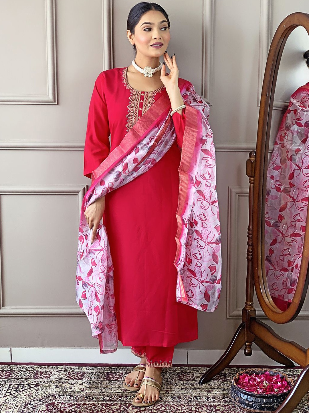 

KALINI Women Ethnic Motifs Embroidered Regular Sequinned Chanderi Silk Kurta with Trousers & With Dupatta, Pink