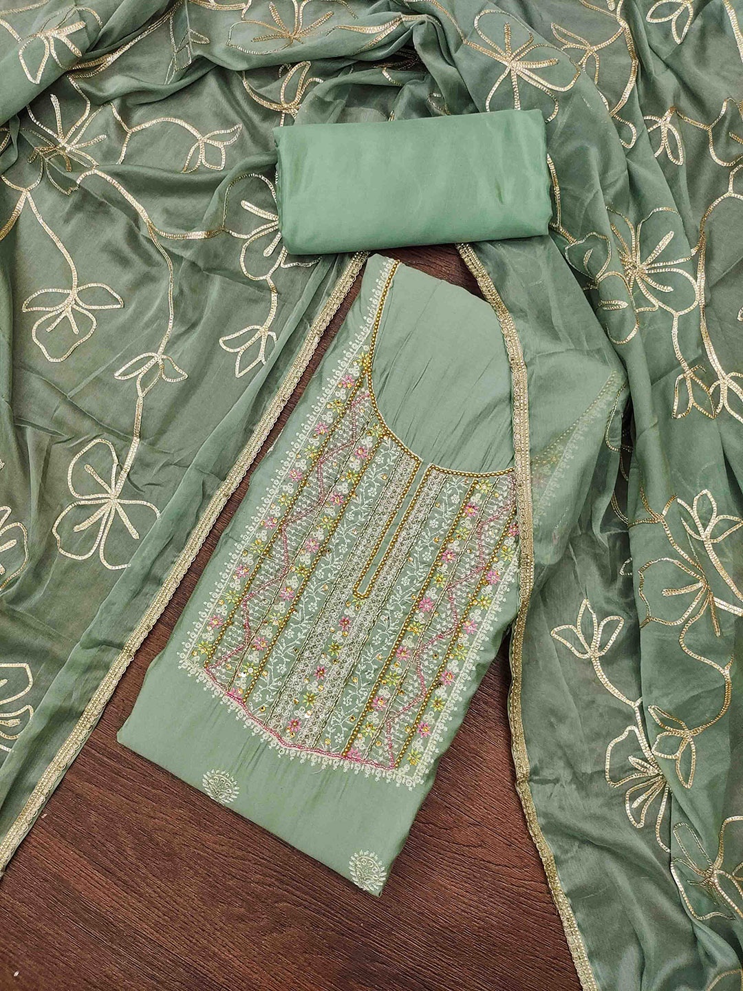 

KIMISHA Embellished Pure Cotton Unstitched Dress Material, Green