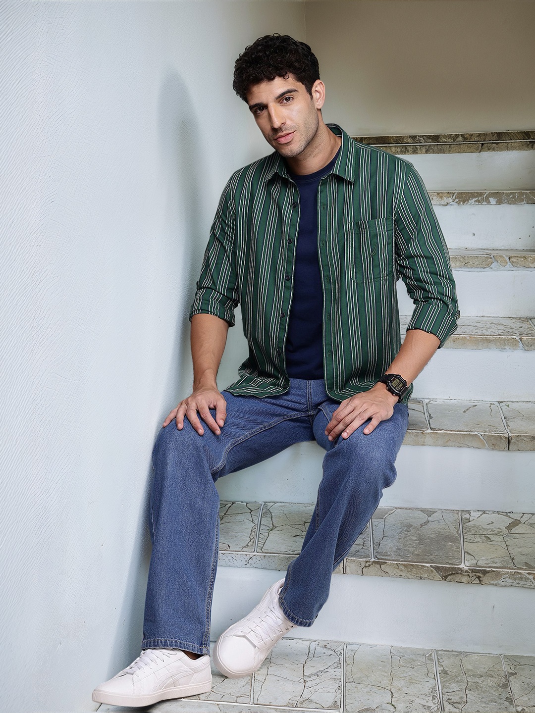 

Nautica Slim Fit Opaque Striped Pure Cotton Casual Shirt, Green