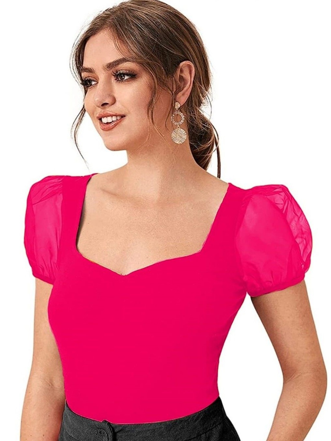 

NiloBerry Sweetheart Neck Puff Sleeve Crop Top, Pink