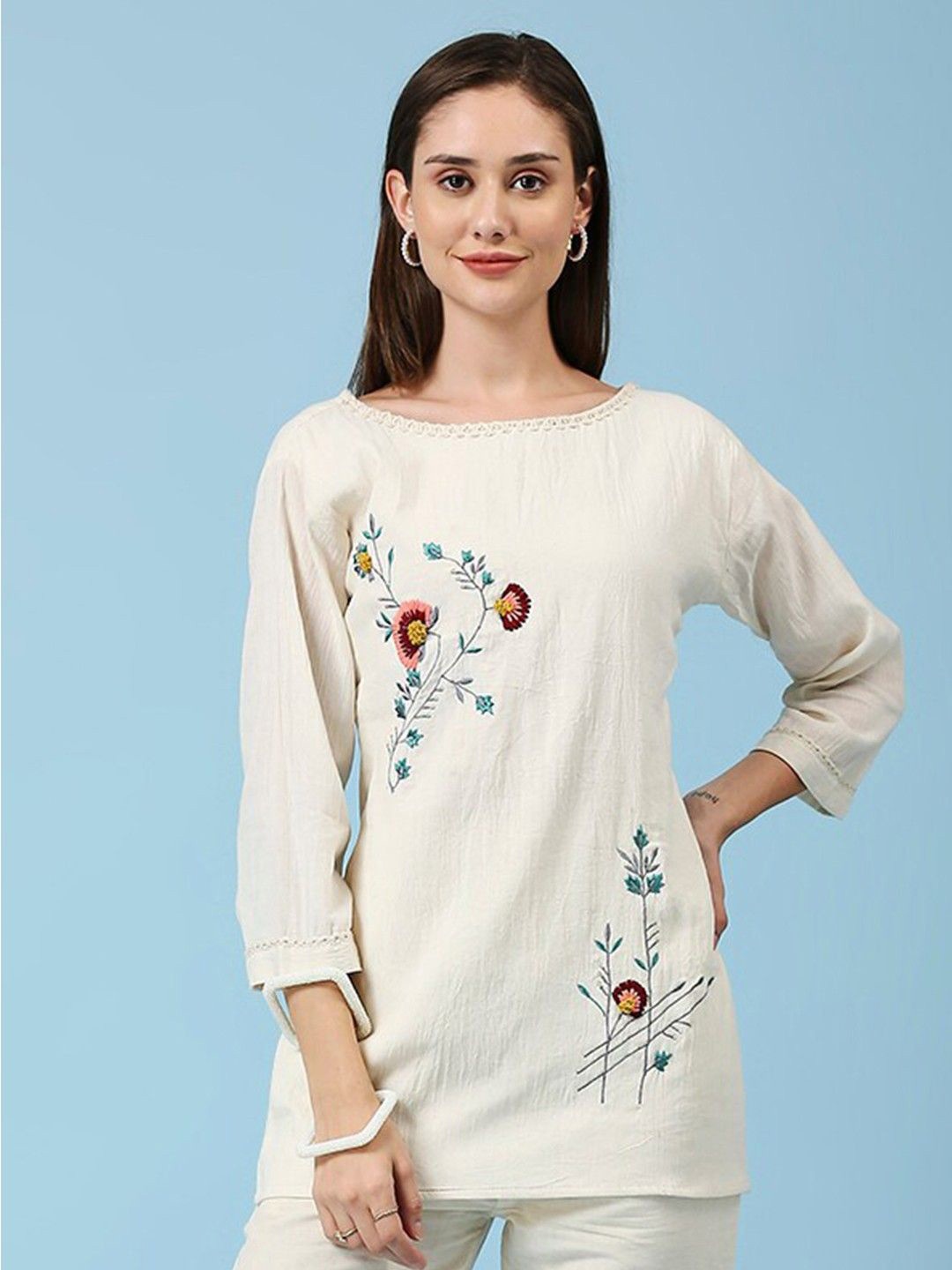 

Hitarth Fashion Women Organic Cotton Boat Neck Embroidered Lace Tunic, Off white