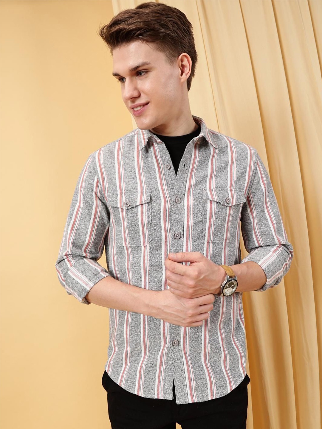 

VALEN CLUB Men Opaque Striped Casual Shirt, Red