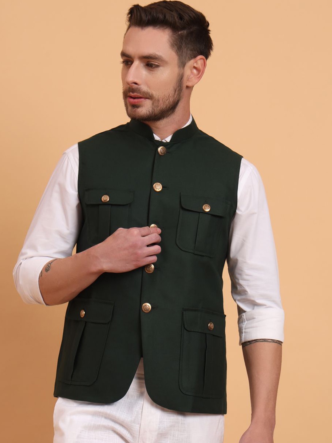 

Aspriya Pure Cotton Bandhgala Jacket, Green