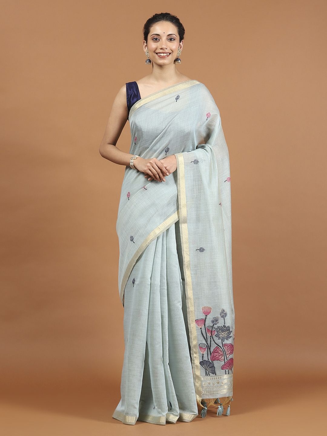 

Meena Bazaar Floral Zari Art Silk Saree, Sea green